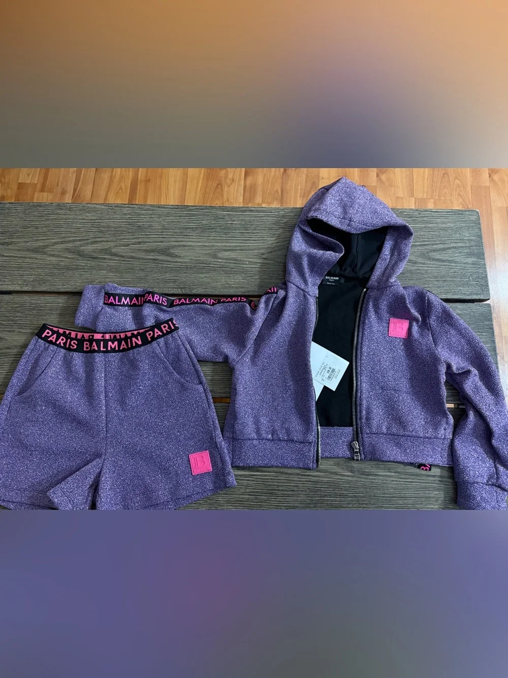 Balmain Purple Glitter Zip Hoodie and Shorts Set